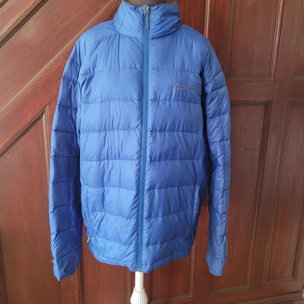 Marmot Mens Blue Insulated Puffer Jacket L 800 Fill Down Polyester Warm Winter C